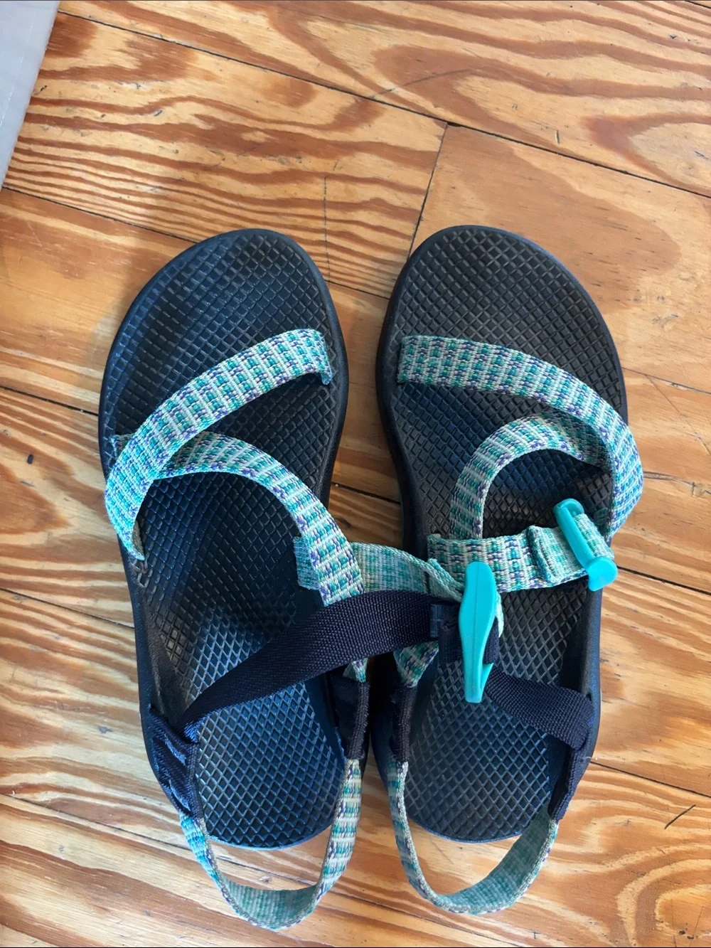 Chaco Teal Patterned Strap Sandals with Black Footbed